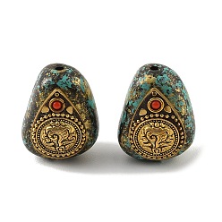 Teardrop Handmade Polymer Clay Indonesia Beads, with Resin & Synthetic Turquoise & Unplated Brass, Colorful, Teardrop, 31x24x21.5mm, Hole: 3mm