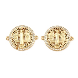 Настоящее золото 18K Шармы-соединители из латуни с микропаве из прозрачного кубического циркония, плоский круглый с звеньями Девы Марии, долговечный, без кадмия и без свинца, стойки покрытие, реальный 18 k позолоченный, 20x25.5x2.5 мм, отверстие : 1.2 мм