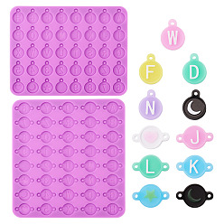 Фиолетовый 2шт. 2 стили смоляных форм, плоско-круглые с алфавитами , фиолетовые, 91~117x108~116x3 мм, отверстие : 1.5 мм, внутренний диаметр: 12x15 мм