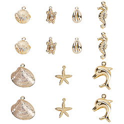 Настоящее золото 18K 14 шт 7 стили латунные подвески, морские животные, реальный 18 k позолоченный, 12.5~21x7.5~19.5x2.5~7.5 мм, отверстие : 1~1.2 мм, 2 шт / стиль