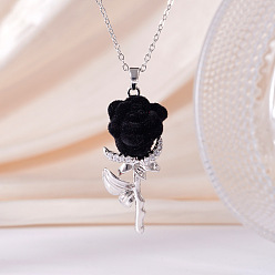 Черный Подвеска в виде розы из латуни с микропаве и прозрачными кубическими циркониями ко Дню святого Валентина 304 Цепочка из нержавеющей стали для женщин, цвет нержавеющей стали, чёрные, 15.75 дюйм (40 см)