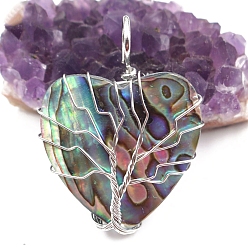 Platinum Retro DIY Handmade Peach Heart Natural Abalone Shell Pendants, Copper Wire Wrapped Tree of Life Charms, Platinum, 41x31mm