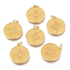 Real 18K Gold Plated Brass Micro Pave Clear Cubic Zirconia Pendants, with Jump Ring, Long-Lasting Plated, Flat Round with Eye, Real 18K Gold Plated, 20x18x2mm, Hole: 3.2mm