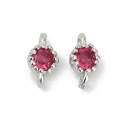 Светло-Вишневый Латунные плоские круглые подвески-соединители из кубического циркония, стойки покрытие, долговечный, платина, светло-вишневый, 9x4.5~5x3 мм, отверстие : 1 мм