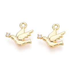 Настоящее золото 18K Латунные микропаве прозрачные подвески с фианитом, амулеты птиц, без никеля , реальный 18 k позолоченный, 12x11.9x1.9 мм, отверстие : 1.4 мм