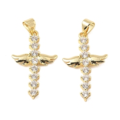 Настоящее золото 16K Латунные микро проложить кубического циркония подвески, без кадмия и без свинца, крест прелести, реальный 16 k позолоченный, 28x17x3 мм, отверстие : 5x3.5 мм