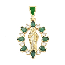 Green Religion Brass Pave Cubic Zirconia Pendants, with Enamel, Oval with Saint Jude Charms, Lead Free & Cadmium Free, Long-Lasting Plated, Rack Plating, Real 18K Gold Plated, Green, 36mm, Pendant: 29x20x4mm, Hole: 5.5x3mm
