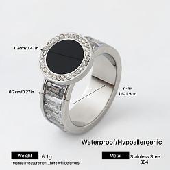Stainless Steel Color 304 Stainless Steel Rhinestone Finger Rings for Women, Round, Stainless Steel Color, 12mm, US Size 6(16.5mm)