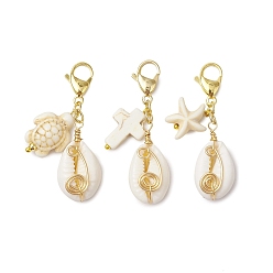 Золотой Подвесные украшения из натуральных смешанных ракушек каури, Застежка-лобстер и подвески в виде черепахи и морской звезды из синтетической бирюзы для украшения сумок, золотые, 43~45.5 мм, 3 шт / комплект