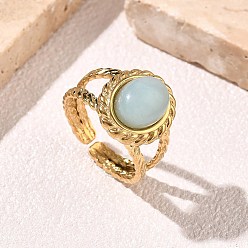 Flower Amazonite 304 Кольца-манжеты овальной формы из нержавеющей стали с натуральным цветочным амазонитом., ионное покрытие (ip), золотые, размер США 6 1/2 (16.9 мм)