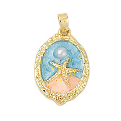 Морская звезда Латунь эмаль подвески, с пластиковой имитацией жемчуга, овальные амулеты, стойки покрытие, прочное покрытие, без кадмия и без свинца, реальный 18 k позолоченный, морская звезда, 23.5x15.5x3 мм, отверстие : 4x2.5 мм