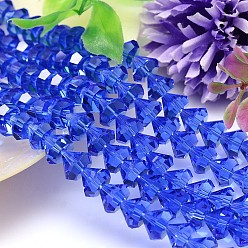 Royal Blue Faceted Cone Imitation Austrian Crystal Bead Strands, Grade AAA, Royal Blue, 6x4mm, Hole: 0.7~0.9mm, about 100pcs/strand, 15.7 inch