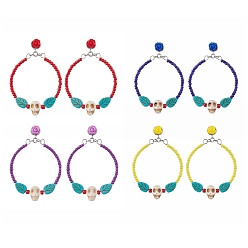 (52) Непрозрачная лаванда Серьга-пусет из стеклянных бусин, с бусиной из искусственной бирюзы, череп, серебряные, разноцветные, 73x52 мм, 4 пар / набор