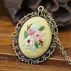 Светло-хаки Набор для изготовления ожерелья с цветочным кулоном для вышивки своими руками, включая цепочки из сплава и подвесные кабошоны, игла, хлопковая нить, пластиковые пяльцы для вышивания, светлый хаки, 460 мм