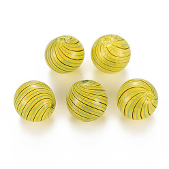 Light Khaki Transparent Handmade Blown Glass Globe Beads, Stripe Pattern, Round, Light Khaki, 13~14mm, Hole: 1~2mm