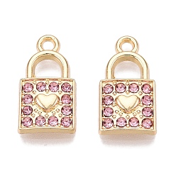 Розовый Подвески из сплава со стразами, замок с сердцем, светло-розовый, 17x9x2.5 мм, отверстие : 1.6 мм