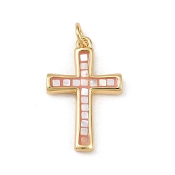 Pink Латунь эмаль подвески, крестик, с ракушкой и прыжковым кольцом, без свинца и без кадмия, долговечный, стойки покрытие, реальный 18 k позолоченный, розовые, 22.5x14.5x2.5 мм, отверстие : 3 мм