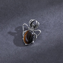 Tiger Eye Natural Tiger Eye Pendants, with Antique Silver Alloy Finding, Spider Charms, 36x26mm