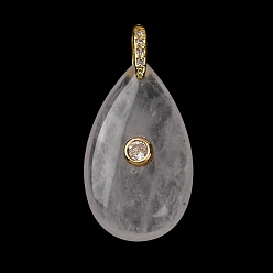 Хрусталь Природного кварца хрустальных подвесок, Подвески в форме капли из горного хрусталя с латунными микропаве из прозрачных кубических цирконий в качестве застежек., золотые, 34.5x20x9 мм, отверстие : 5.5x5.5 мм