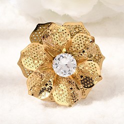 Золотой 201 Регулируемые кольца-манжеты из нержавеющей стали с одинарным кубическим цирконием для женщин, цветок, золотые, 29.5x30 мм, внутренний диаметр: 18 мм