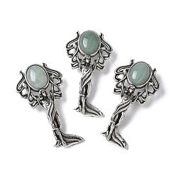 Зеленый Авантюрин Подвески из натурального зеленого авантюрина в форме ангела из латуни, с целью перехода в кольце, античное серебро, 38x19.5x7.5~9.5 мм, отверстие : 2x6.5 мм