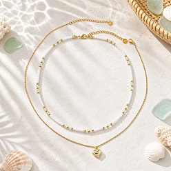 Real 14K Gold Plated Stainless Steel Heart Pendant White Glass Seed Beaded Double Layer Necklaces, Real 14K Gold Plated, 15.75 inch(40cm) and 17.72 inch(45cm), 2pcs/set