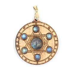 Лабрадорита Природные подвески лабрадорита, с деревянными досками, плоский круг и гексаграмма, золотые, 45x11 мм