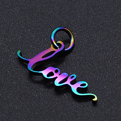 Rainbow Color Ion Plating(IP) 201 Stainless Steel Pendants, for Valentine's Day, with Jump Rings, Word Love, Rainbow Color, 8x18x1mm, Hole: 3mm