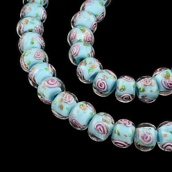 Light Sky Blue Handmade Rondelle Gold Sand Inner Flower Lampwork Beads, Light Sky Blue, 10~11x8mm, Hole: 1.5~2mm