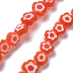 Оранжево-Красный Handmade millefiori lampwork beads strands, цветок, оранжево-красный, 7.5~8.5x7.5~8.5x3~3.5 мм, отверстие : 0.8 мм, около 50 шт / нитка, 15.75~15.94 дюйм (40~40.5 см)