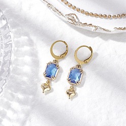 Васильковый Стеклянные серьги с защелкой, 304 из нержавеющей стали выводы Leverback серьги, Прямоугольник с сердцем, золотые, васильковый, 36x9 мм