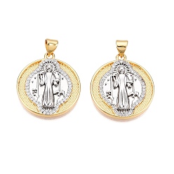 Настоящее золото 18K Латунные микро проложить кубического циркония подвески, без кадмия и без свинца, плоский круг с амулетами святого Иуды, реальный 18 k позолоченный, 24x21.5x3.5 мм, отверстие : 3x5 мм