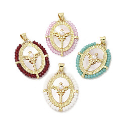 Mixed Color Brass Pave Shell Pendants, Oval Charms with Glass Beads Wrapped and ABS Imitation Pearl Beads, Real 18K Gold Plated, Mixed Color, 31~32x23.5x4.5mm, Hole: 3.5x4.5mm