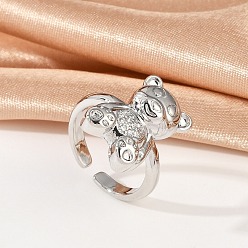 Платина Открытые кольца-манжеты с медведем из латуни с микропаве из прозрачных кубических цирконий для женщин, без кадмия и без свинца, платина, 18.5x12.5 мм, внутренний диаметр: регулируемый