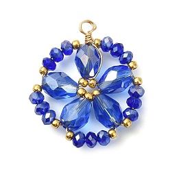 Royal Blue Cooper Wire Wrapped Electroplate Glass Pendants, Flower Charm, Faceted, Light Gold, Royal Blue, 28.5x24x6mm, Hole: 2.4mm