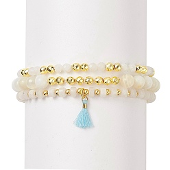Mixed Stone 3Pcs 3 Style Natural White Jade & Moonstone & Synthetic Hematite Beaded Stretch Bracelets Set, Tassel Charms Stackable Bracelets for Women, Inner Diameter: 2-1/8 inch(5.3~5.5cm), 1Pc/style