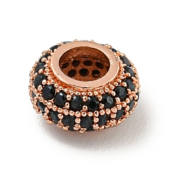Розовое Золото Латунь микропаве черный кубический цирконий, рондель, розовое золото , 8.5x4.5 мм, отверстие : 3.8 мм