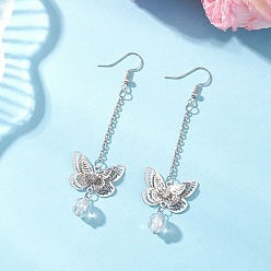 Платина Латунные серьги с подвесками-бабочками, с гальванизированной синтетической кварцевой бусиной с трещинками и 304 фурнитурой для сережек из нержавеющей стали, платина, 79x23 мм