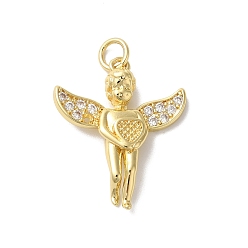 Настоящее золото 18K Покрытие стойки латунь микропаве прозрачные подвески из кубического циркония, с целью перехода в кольце, без кадмия и без свинца, долговечный, Амур, реальный 18 k позолоченный, 23x19x4.5 мм, отверстие : 3.5 мм