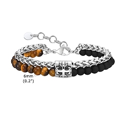 Тигровый глаз Многониточные браслеты из натурального тигрового глаза и агата, с цепочкой для пшеницы из нержавеющей стали, 7-1/2 дюйм (19 см)