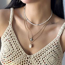 Золотой Летний пляж сплав морская звезда и натуральные ракушки кулон стеклянные бусины 3 многослойные ожерелья для женщин, белые, золотые, 15.75 дюйм (40 см)