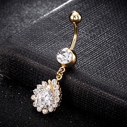 Transparent Messing Zirkonia Nabel Ring, Bauchringe, mit 304 Edelstahlleiste, cadmiumfrei und bleifrei, echt 18 k vergoldet, Träne, Transparent, 41x13 mm, Stange: 15 Spurweite(1.5mm), Stangenlänge: 3/8"(10mm)