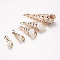 Golden Electroplate Spiral Shell Pendants, with Brass Findings, Screw Shell, Golden, 36~67x10~17mm, Hole: 3mm