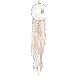 Owl Moon and Owl Woven Net/Web with Macrame Cotton Wall Hanging Decorations, with Wood Pendant, for Garden, Wedding, Lighting Ornament, Owl Pattern, 850mm