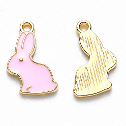 Pearl Pink Alloy Enamel Pendants, Rabbit, Light Gold, Pearl Pink, 17x11x1.5mm, Hole: 1.4mm