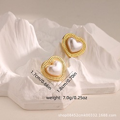 Сердце 304 Серьги-гвоздики из нержавеющей стали и пластика с жемчугом, золотые, сердце, 17x18 мм