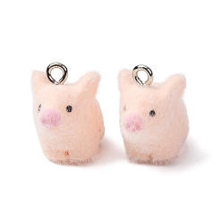 Розовый Флокированные подвески из непрозрачной смолы, свинья очарование, с железной платиной петлей, туманная роза, 18x12x19.5 мм, отверстие : 2 мм