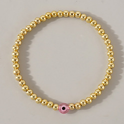 Pink Браслеты из круглых бусин из золотой латуни, стеклянные бусины от сглаза для женщин, розовые, внутренний диаметр: 6-7/8 дюйм (17.5 см)