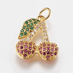 Золотой Латунные микро проложить кубического циркония подвески, долговечный, вишня, без свинца и без кадмия, золотые, 18x15x3 мм, отверстие : 3 мм