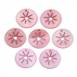 Pink Natural Freshwater Shell Pendants, Flat Round with Hollow Star, Dyed, Pink, 20x2mm, Hole: 1.6mm
